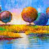 Fototapete Gemälde Runde Bäume mit See M6007