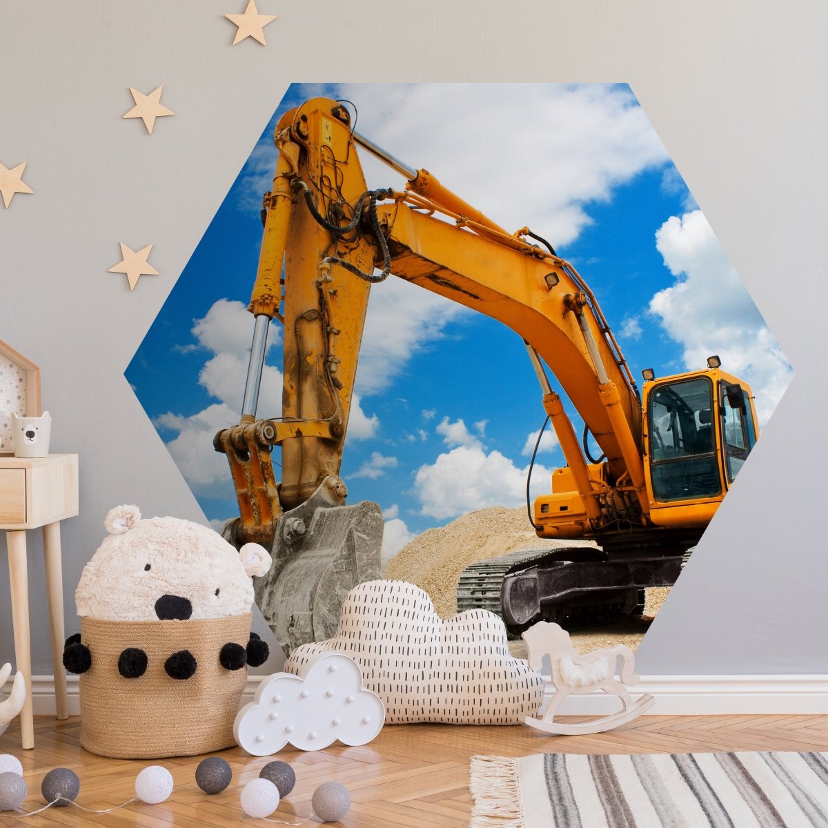 Hexagon-Fototapete gelber Bagger M0002 - Bild 1 Hexagon-Fototapete gelber Bagger M0002 - Bild 1