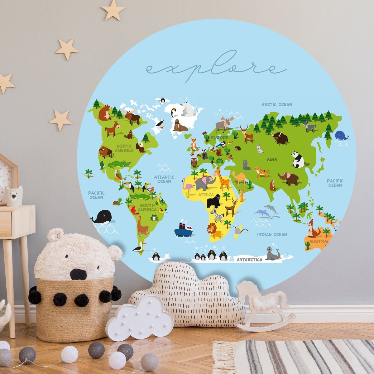 Runde Fototapete Weltkarte mit Tieren M0011 - Bild 1 Runde Fototapete Weltkarte mit Tieren M0011 - Bild 1