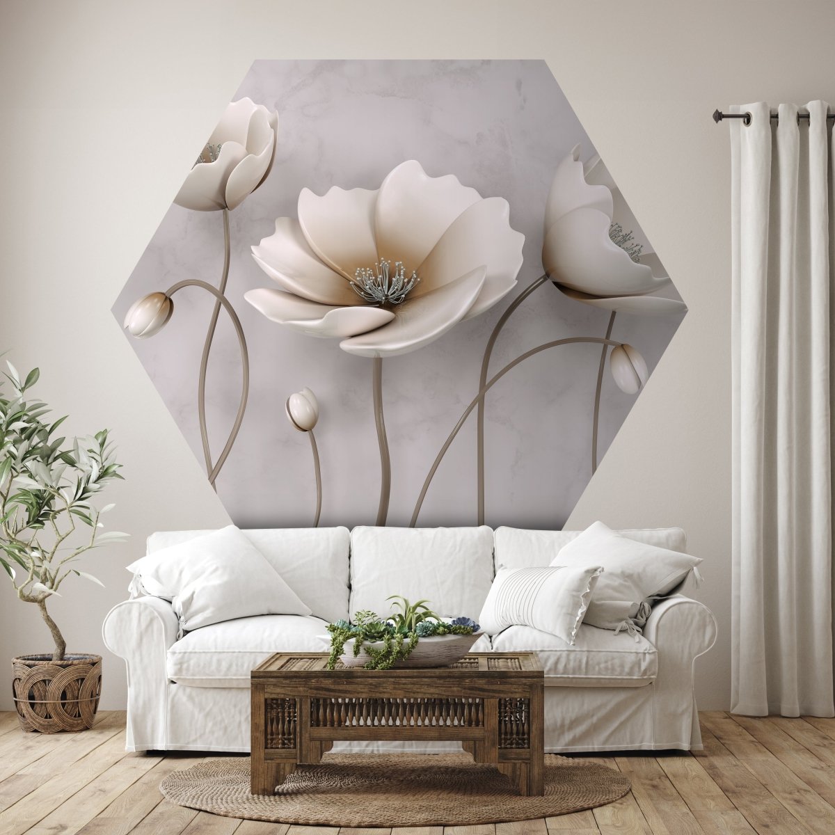 Hexagon-Fototapete Betonwand mit Blumen M0014 - Bild 1 Hexagon-Fototapete Betonwand mit Blumen M0014 - Bild 1