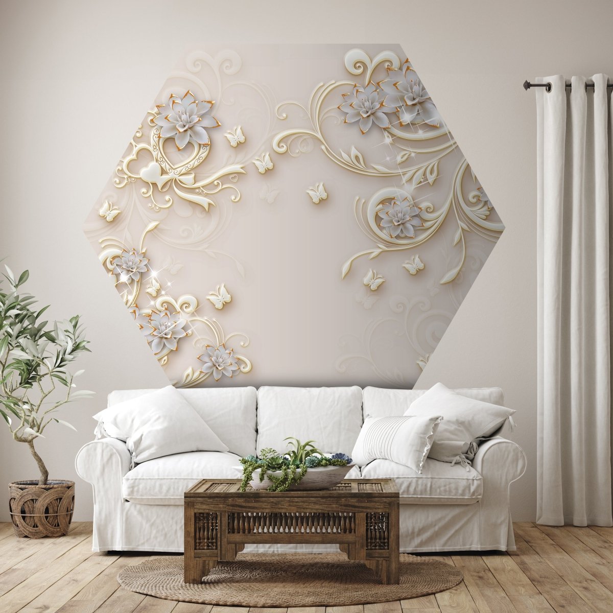 Hexagon-Fototapete goldene Blumen und Ornamente M0028 - Bild 1 Hexagon-Fototapete goldene Blumen und Ornamente M0028 - Bild 1