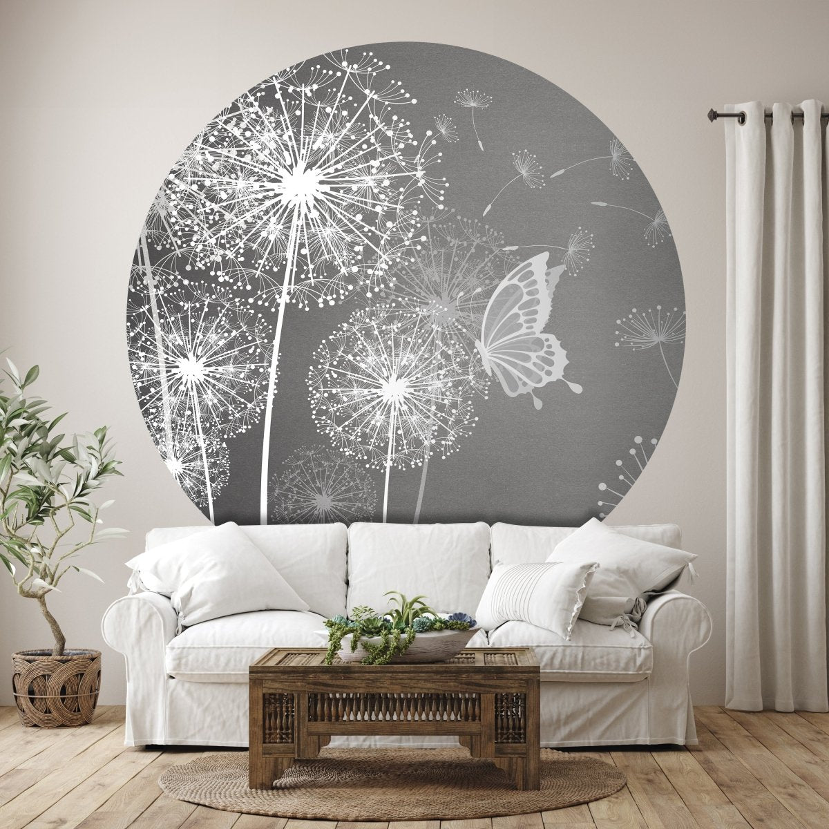 Runde Fototapete Pusteblumen mit Schmetterlingen M0029 - Bild 1 Runde Fototapete Pusteblumen mit Schmetterlingen M0029 - Bild 1