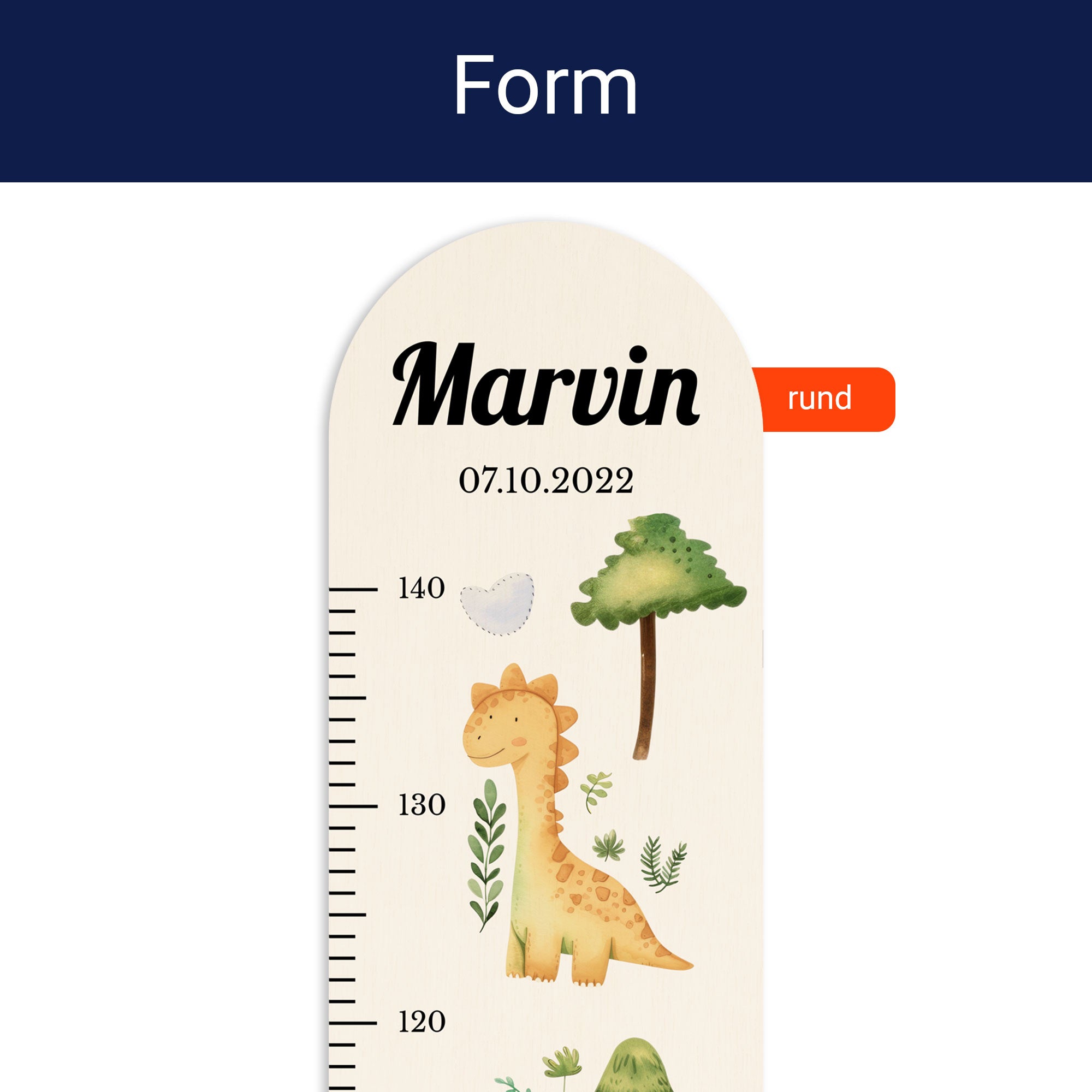 Detailansicht der oben runden Form der personalisierten Messlatte. Detailansicht der oben runden Form der personalisierten Messlatte.