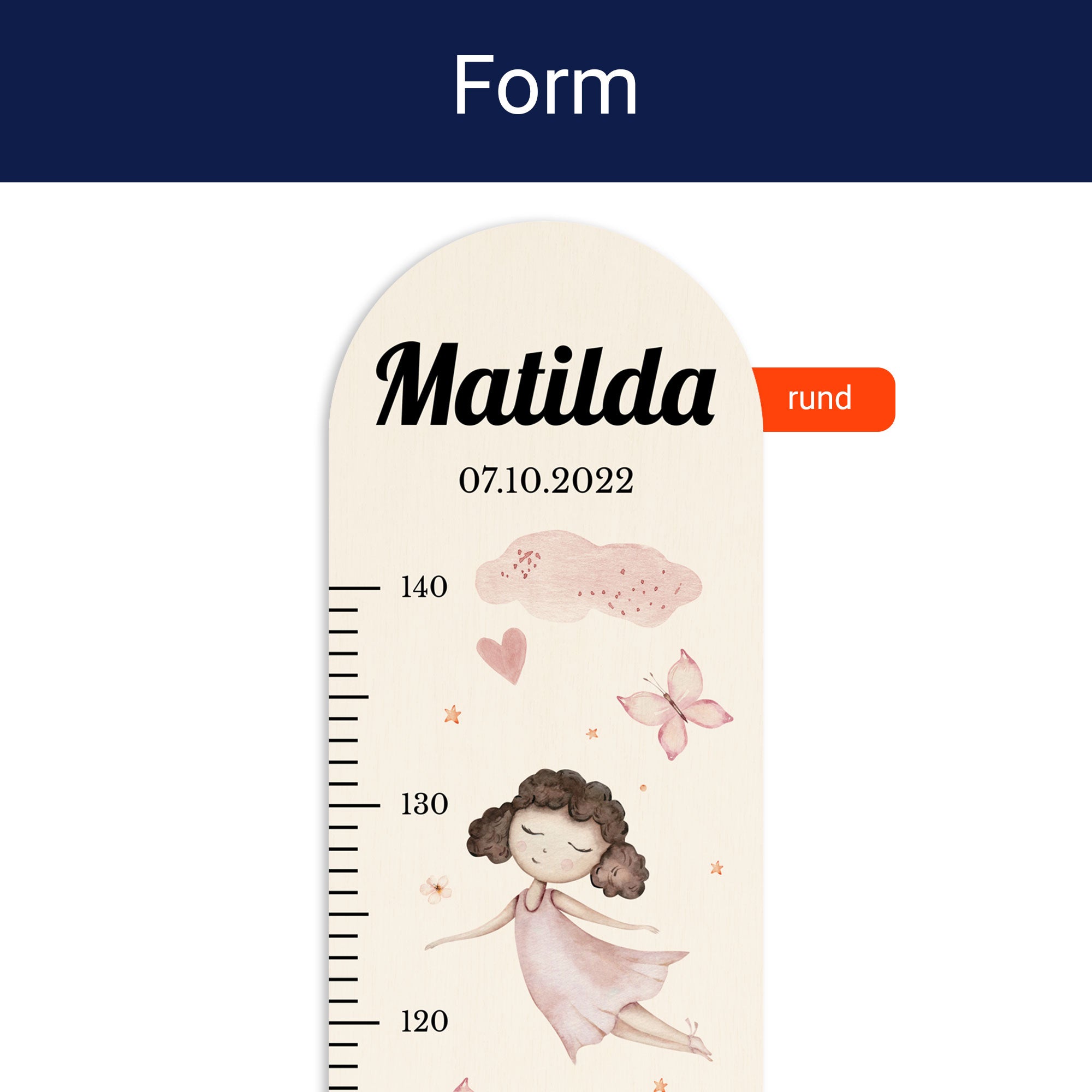 Detailansicht der oben runden Form der personalisierten Messlatte. Detailansicht der oben runden Form der personalisierten Messlatte.