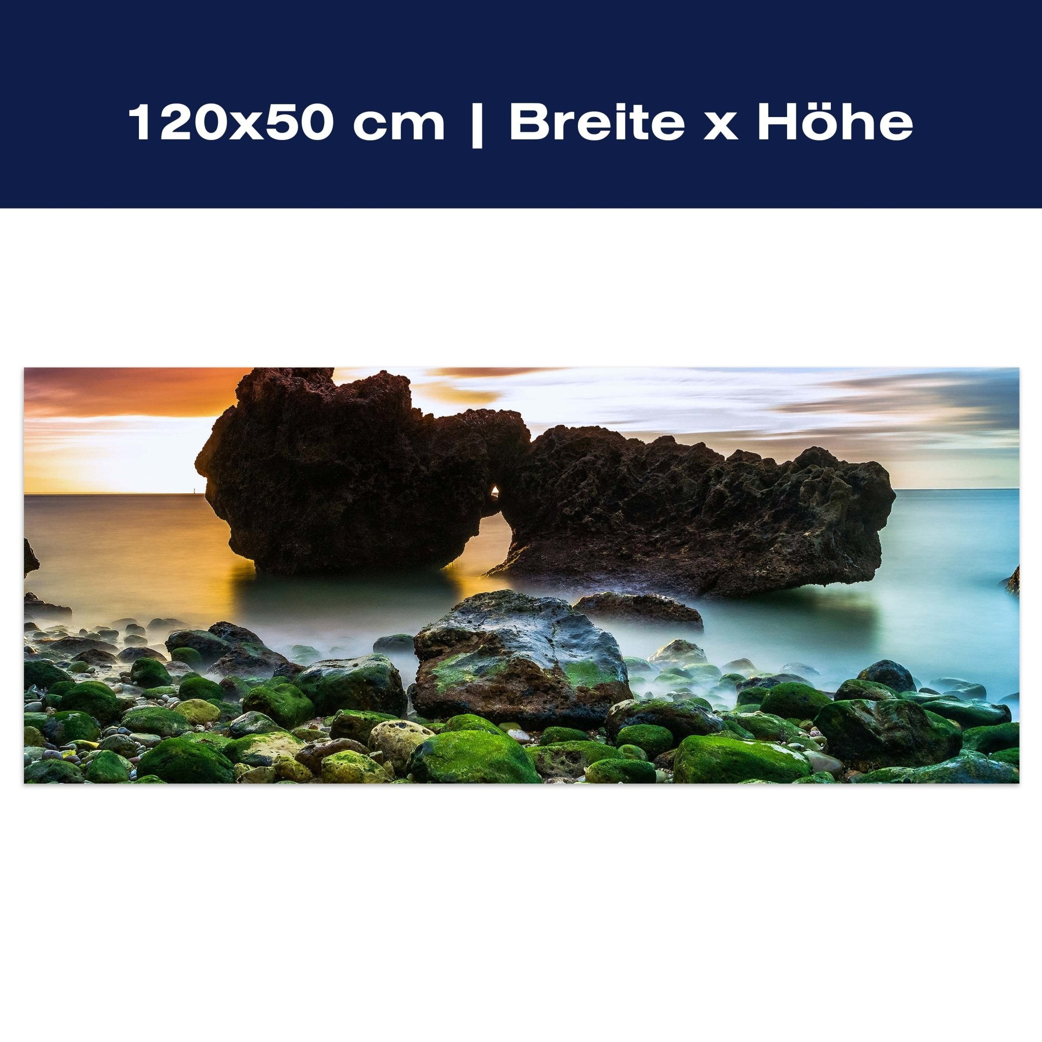 Leinwandbild Strand bei Sonnenuntergang mit Felsen M0902 Leinwandbild Strand bei Sonnenuntergang mit Felsen M0902