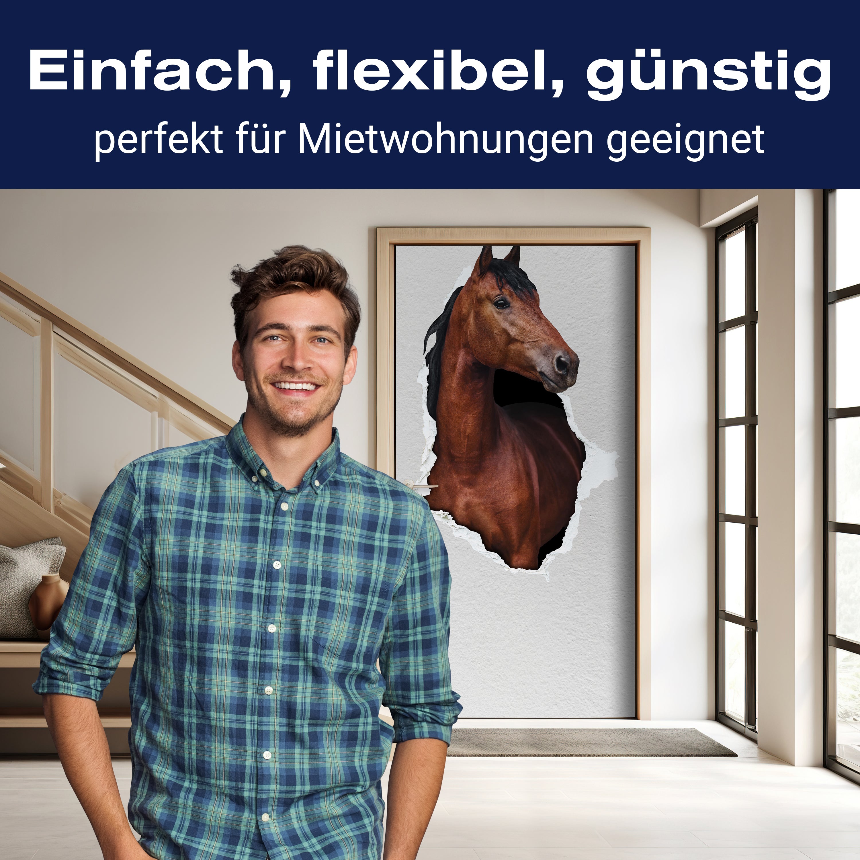 Türtapete braunes Pferd schaut durch Mauer, 3D M1155 - Bild 3 Türtapete braunes Pferd schaut durch Mauer, 3D M1155 - Bild 3