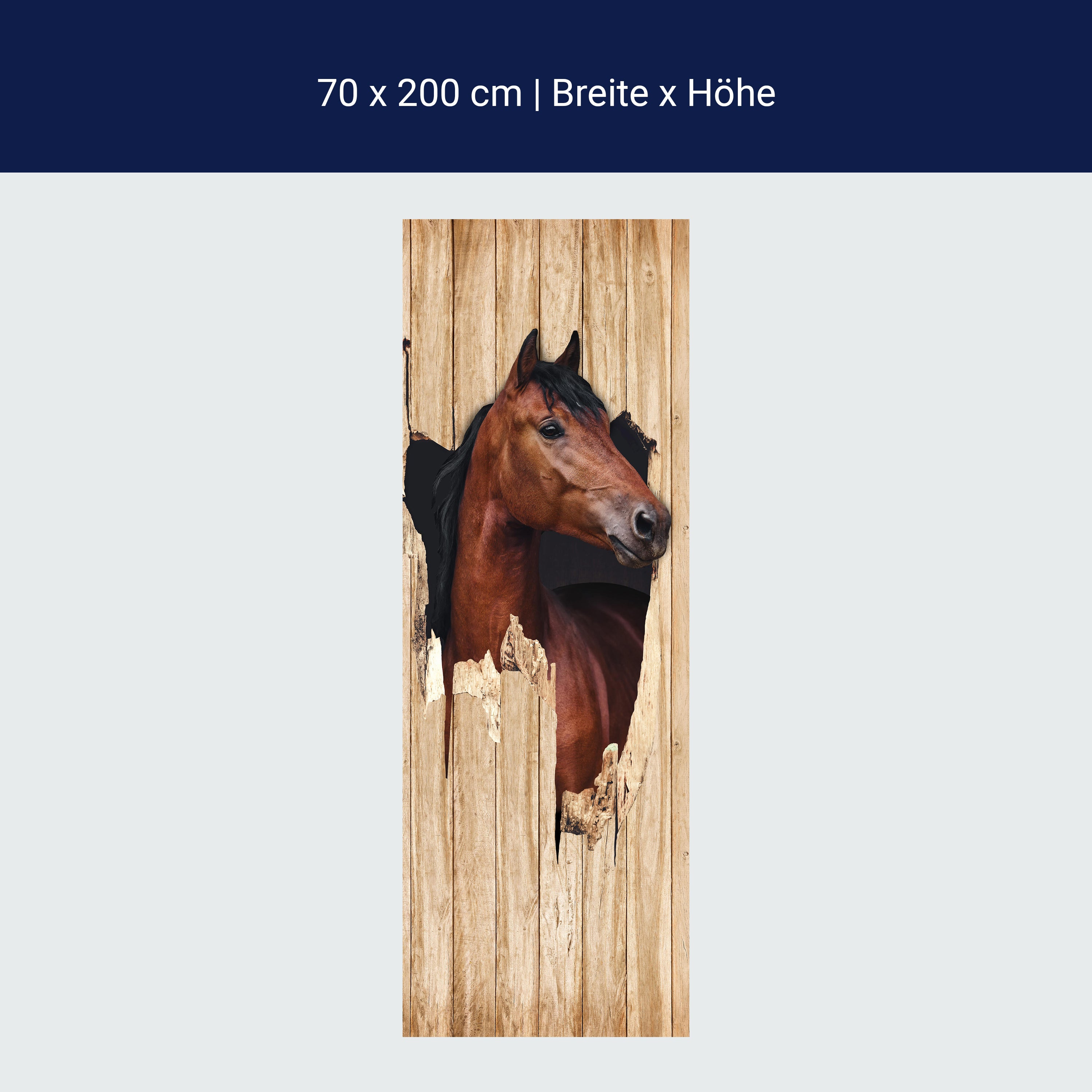 Türtapete braunes Pferd schaut durch Holzwand, 3D M1156 Türtapete braunes Pferd schaut durch Holzwand, 3D M1156