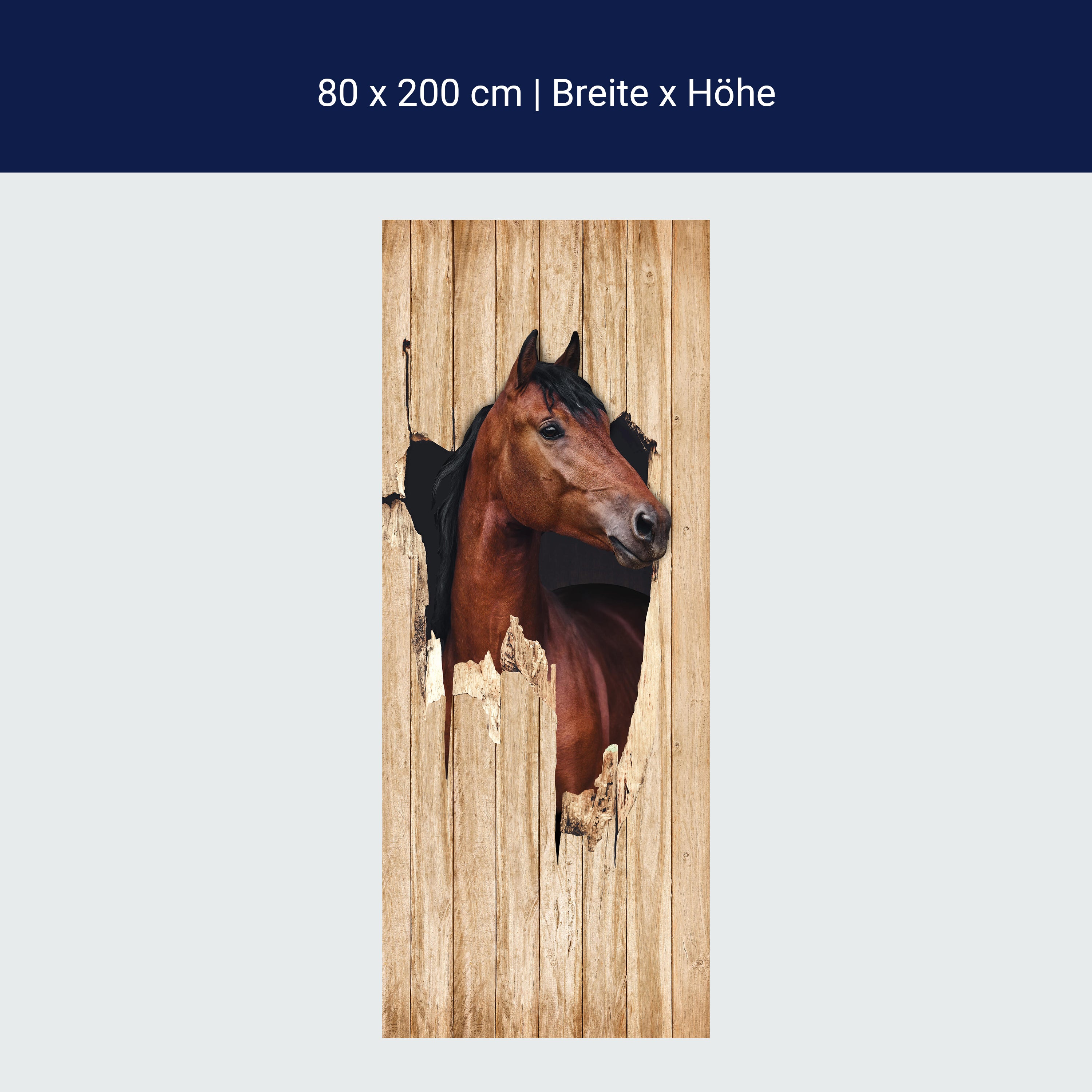Türtapete braunes Pferd schaut durch Holzwand, 3D M1156 Türtapete braunes Pferd schaut durch Holzwand, 3D M1156