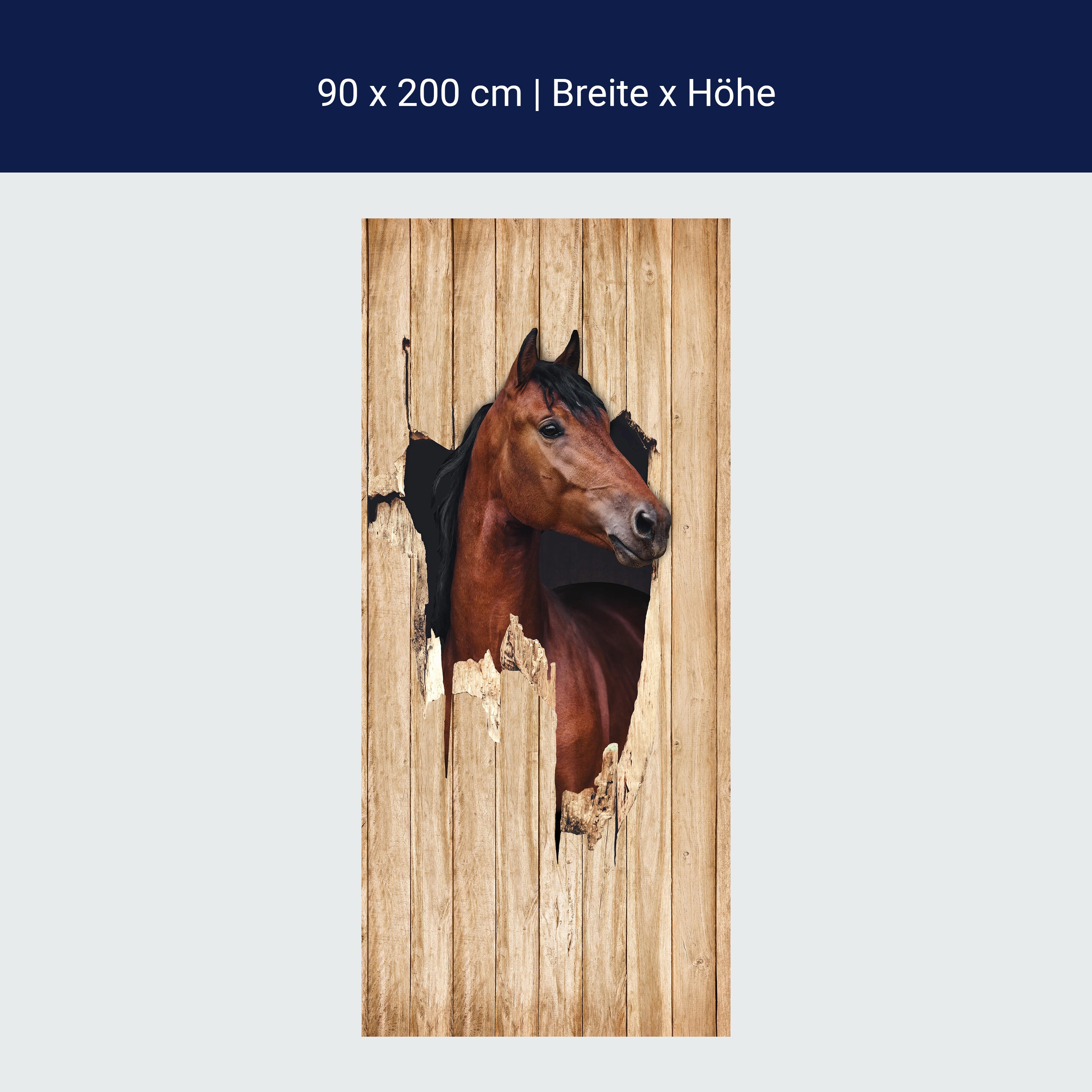 Türtapete braunes Pferd schaut durch Holzwand, 3D M1156 Türtapete braunes Pferd schaut durch Holzwand, 3D M1156