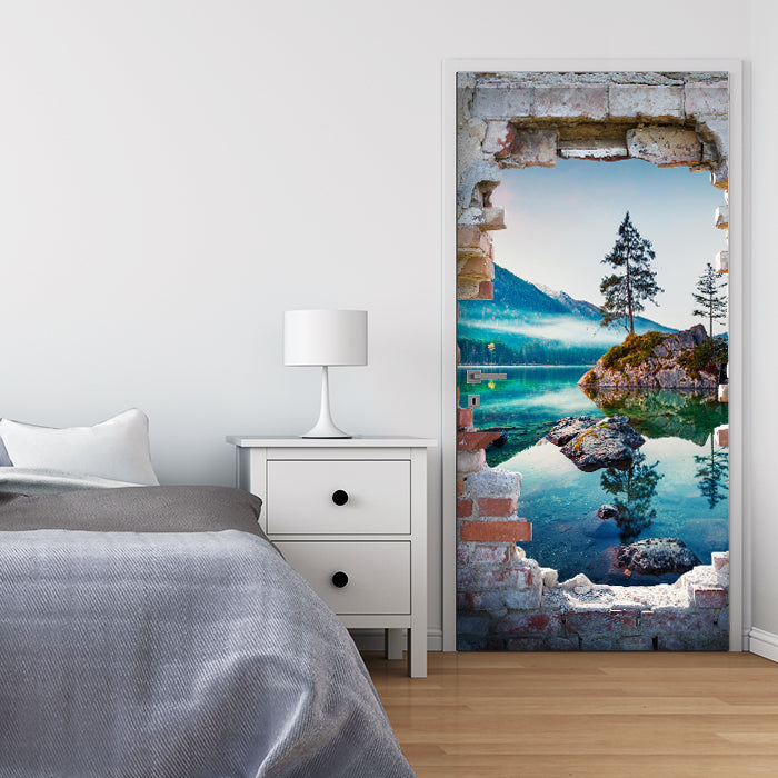 Türtapete 3D Backstein, See, Berge, Baum, Felsen M1280 - Bild 1 Türtapete 3D Backstein, See, Berge, Baum, Felsen M1280 - Bild 1