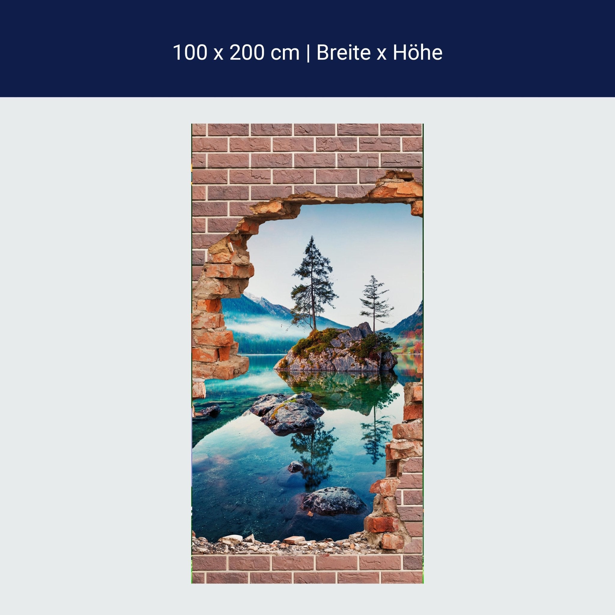 Türtapete 3D Ziegelwand, See, Berge, Baum, Felsen M1281 Türtapete 3D Ziegelwand, See, Berge, Baum, Felsen M1281