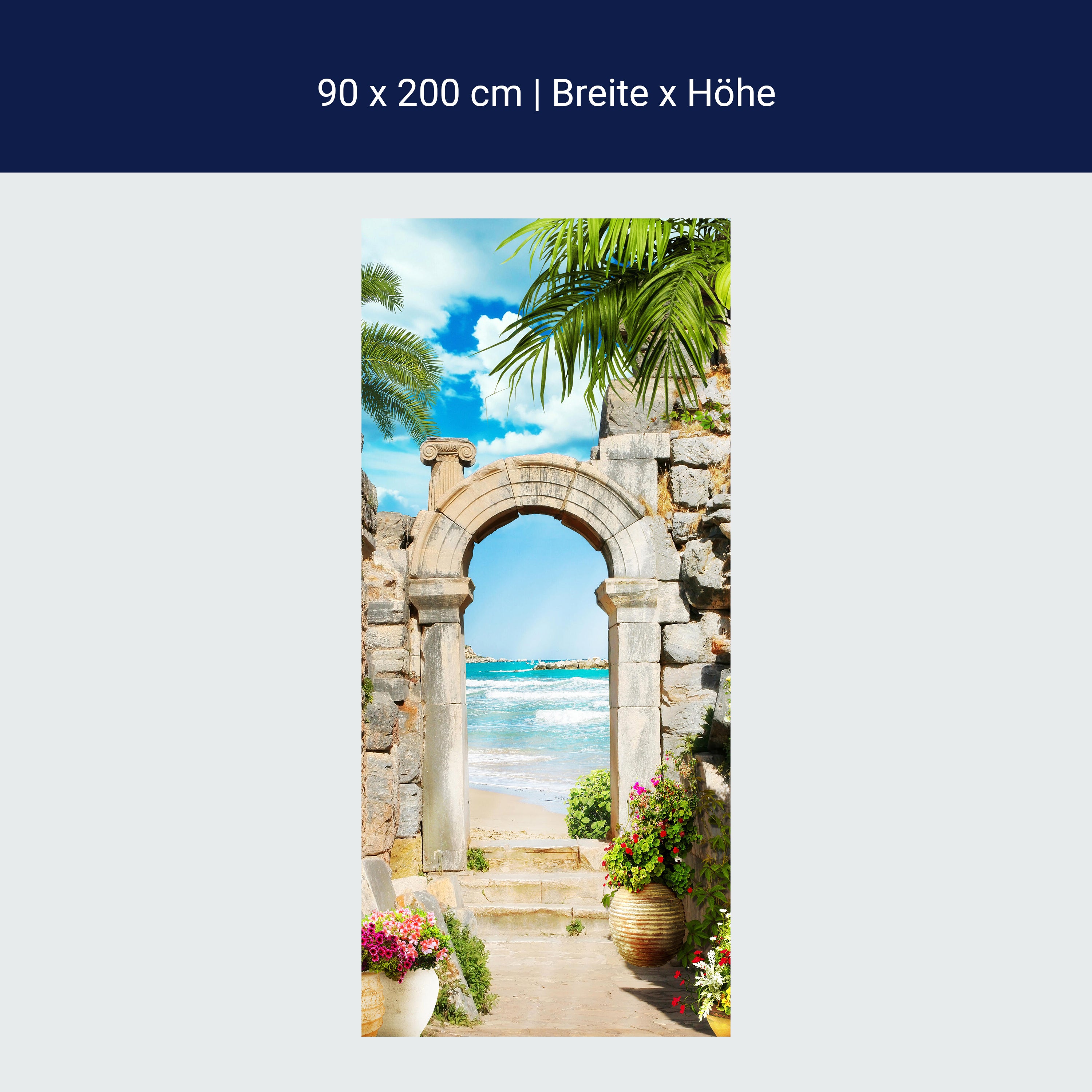 Türtapete Blick aufs Meer, Torbogen, Palmen, Stein M1297 Türtapete Blick aufs Meer, Torbogen, Palmen, Stein M1297