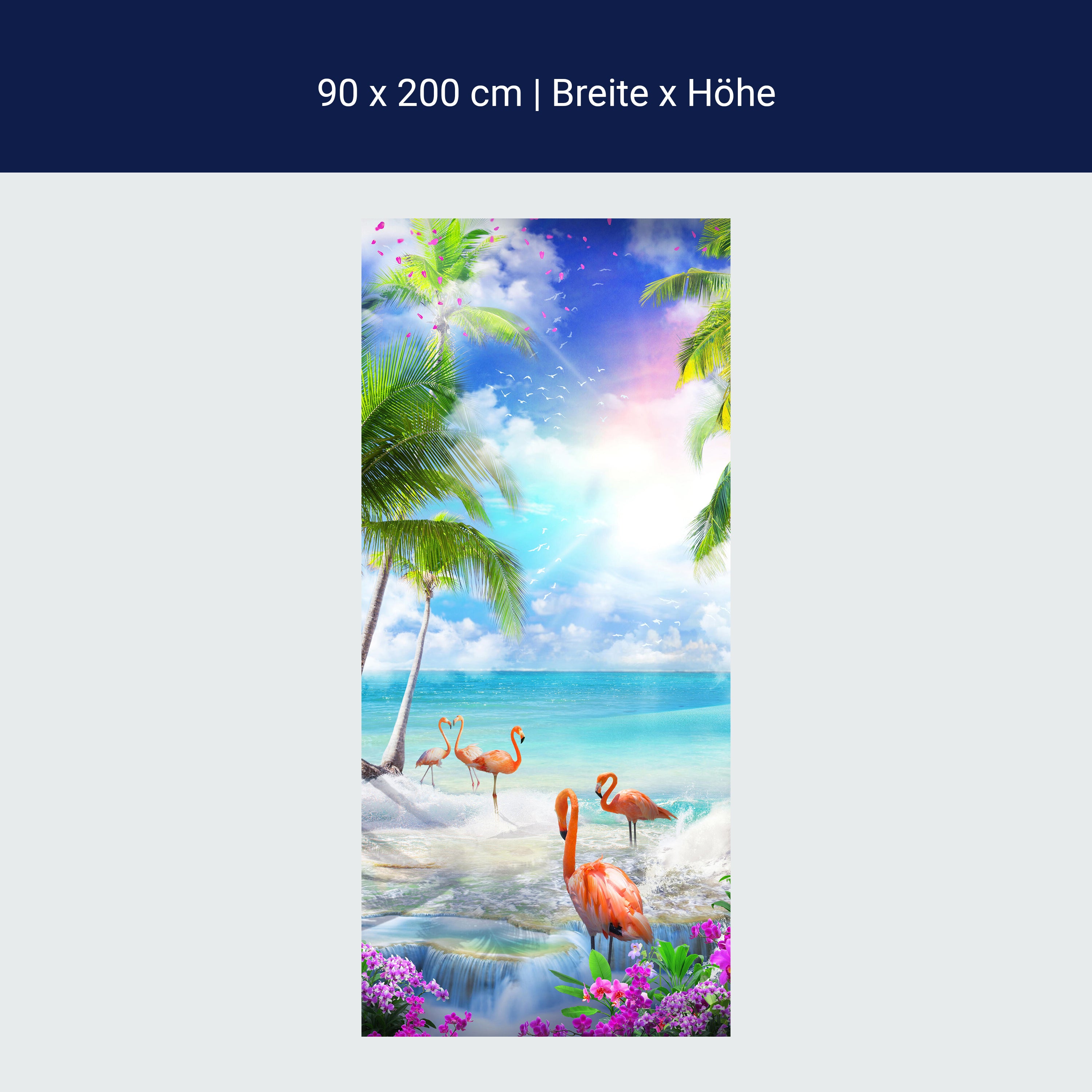 Türtapete Flamingos am Meer, Palmen, Wasser, Sonne M1309 Türtapete Flamingos am Meer, Palmen, Wasser, Sonne M1309