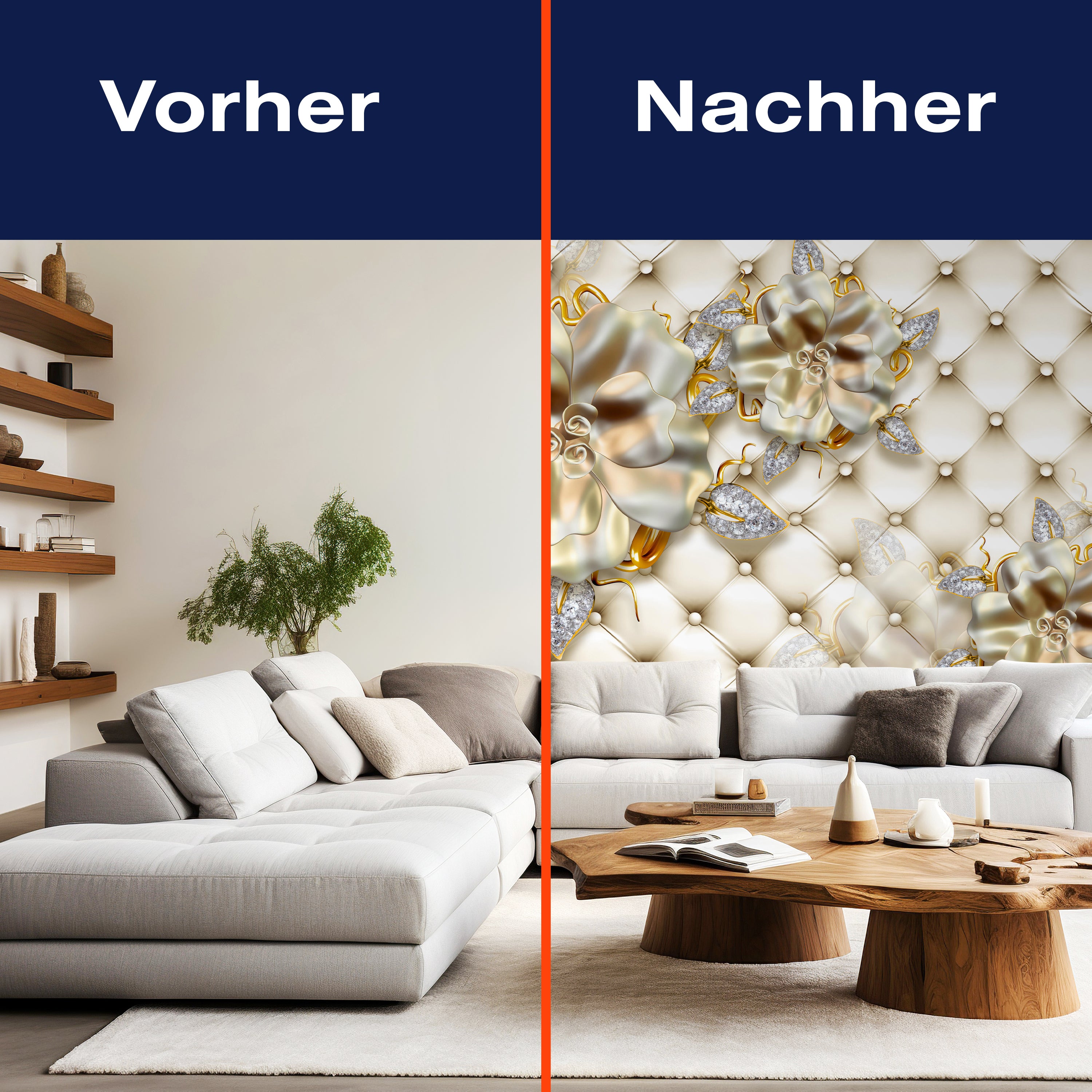 Fototapete Blumen Gold Polster 3D M6089 - Bild 9 Fototapete Blumen Gold Polster 3D M6089 - Bild 9