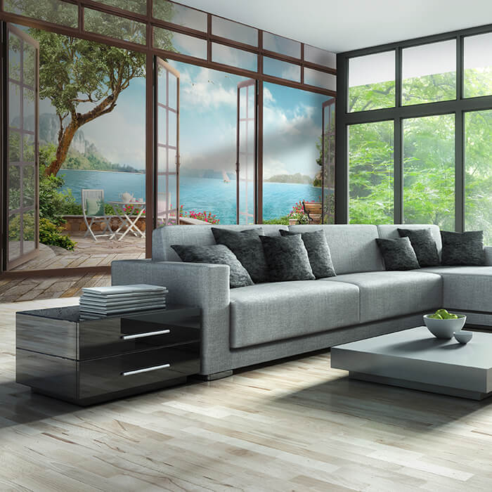 Fototapete Große Fenster Ausblick auf Wasser M6133 - Bild 1 Fototapete Große Fenster Ausblick auf Wasser M6133 - Bild 1