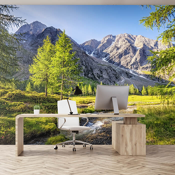 Fototapete Berge Bach Bäume Wald M6753 - Bild 1 Fototapete Berge Bach Bäume Wald M6753 - Bild 1