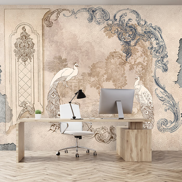 Fototapete Pfau Ornamente Wand Beton M6848 - Bild 1 Fototapete Pfau Ornamente Wand Beton M6848 - Bild 1