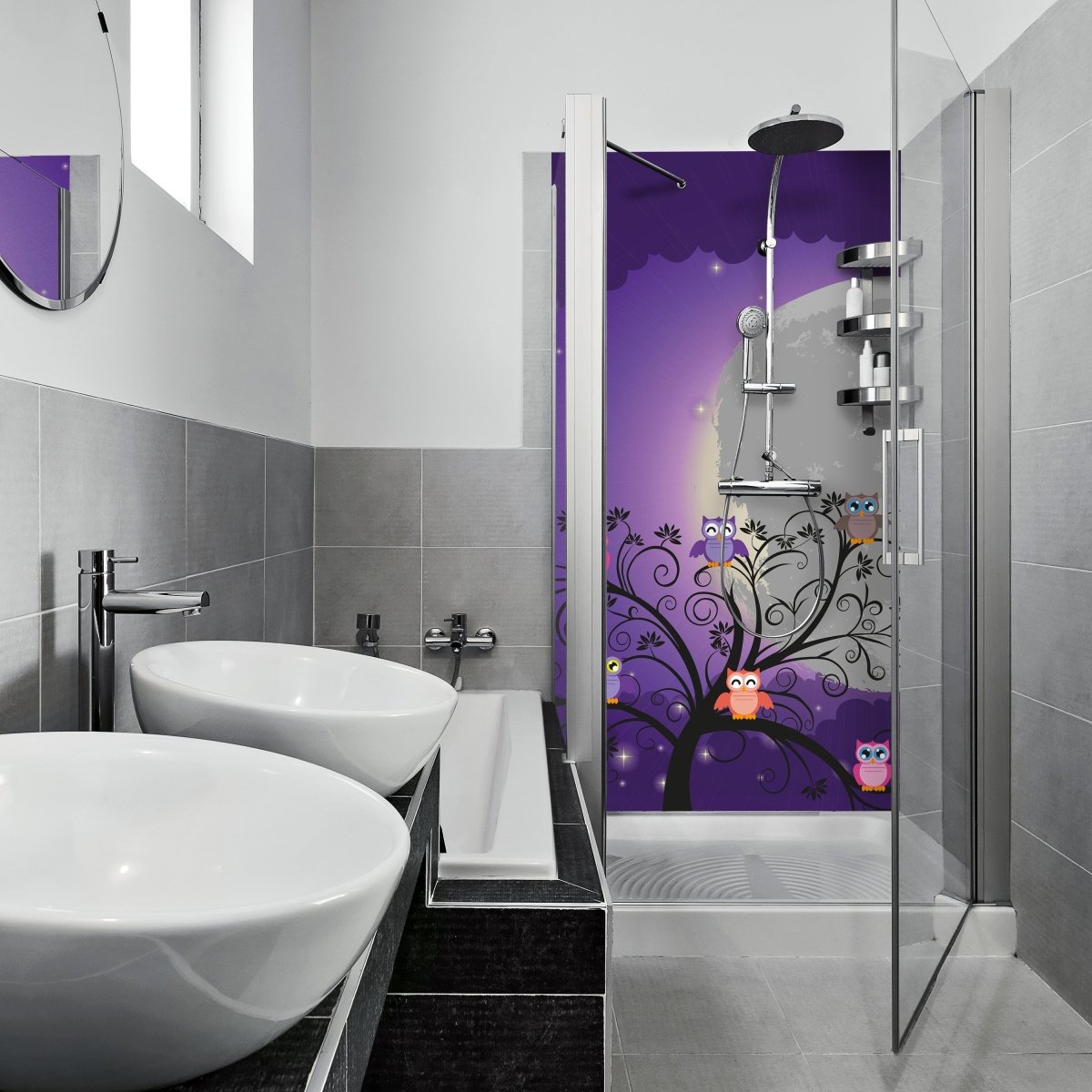 Duschwand Eulen auf einem Baum M0049 entdecken - Bild 1 Duschwand Eulen auf einem Baum M0049 entdecken - Bild 1