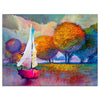 Wandbild Acrylglas Deko, Gemälde Boot auf See, Bäume, Natur, bunt, Kunst, Segel M0154