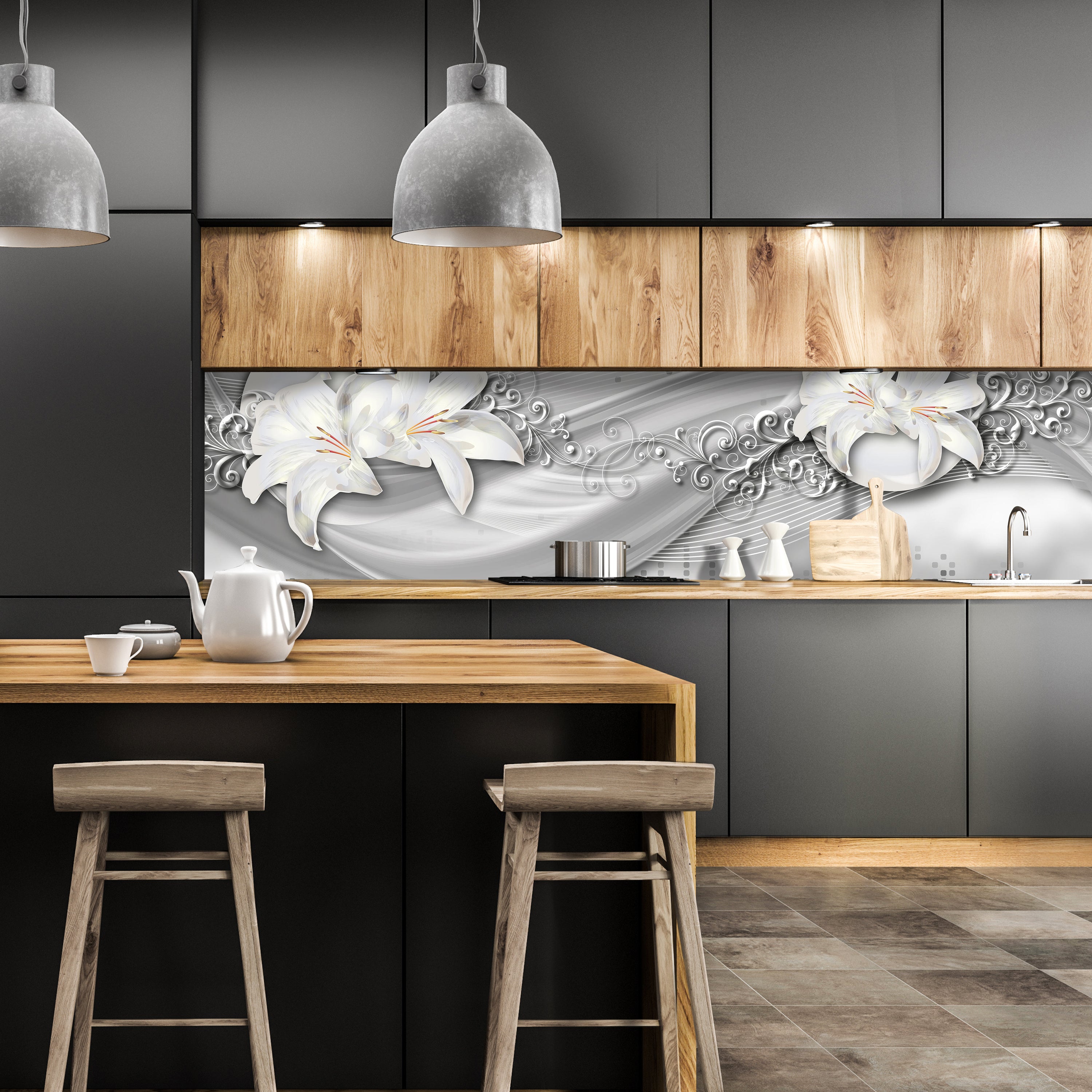 Küchenrückwand abstrakte Lilien grau silber M0524 entdecken - Bild 1