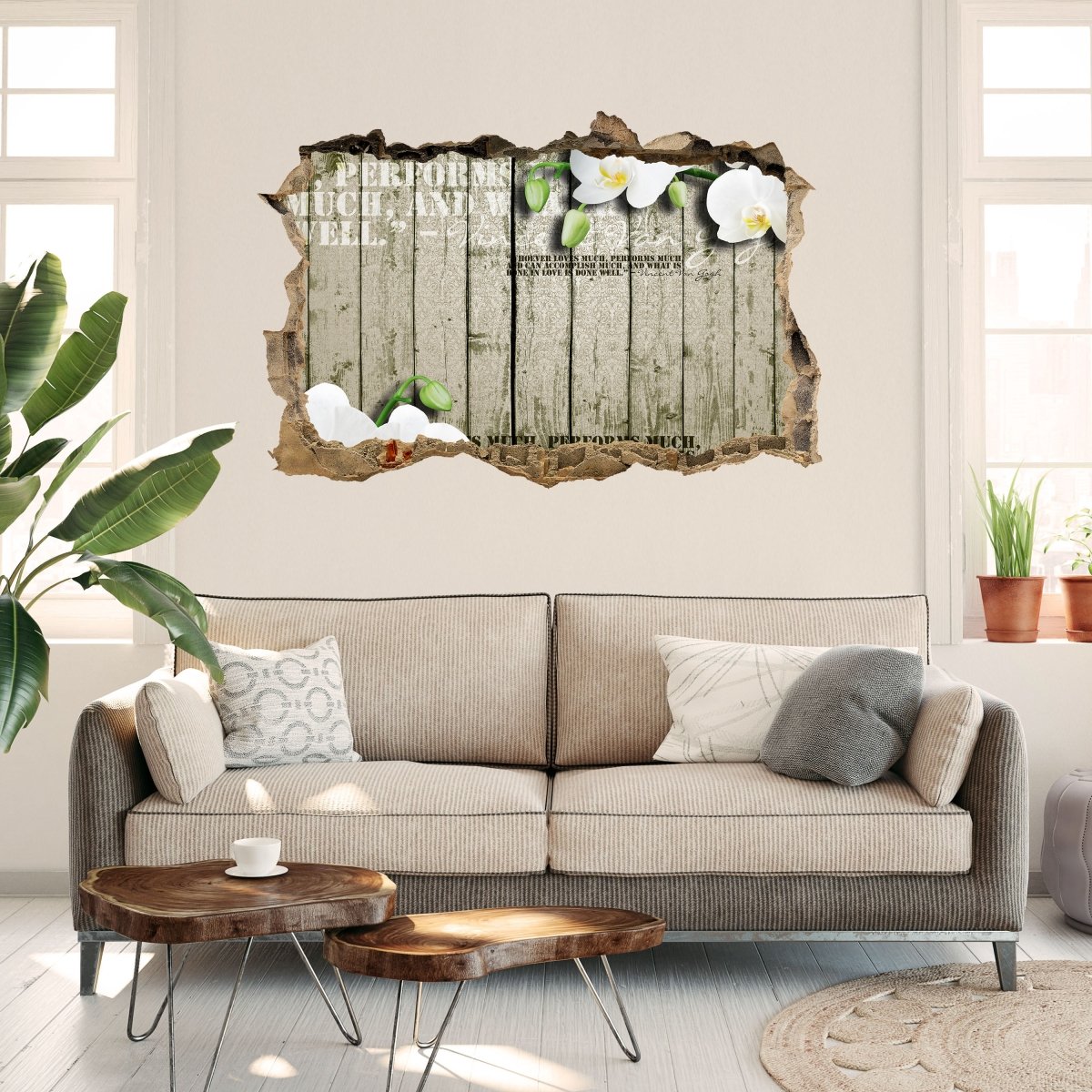 3D-Wandsticker Holz Zaun weiße Orchidee - Wandtattoo M0539