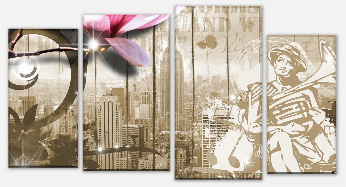 Leinwandbild Mehrteiler Musik Vintage Blüten New York M0548 Leinwandbild Mehrteiler Musik Vintage Blüten New York M0548