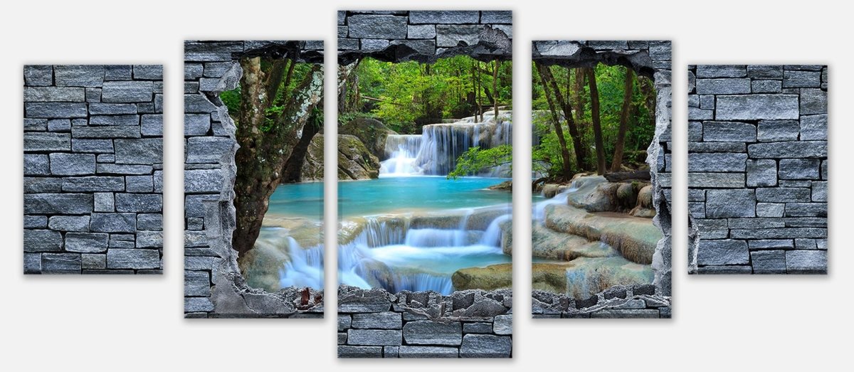 Leinwandbild Mehrteiler 3D Erawan Wasserfall im Thailand - Steinmauer M0627 entdecken - Bild 1 Leinwandbild Mehrteiler 3D Erawan Wasserfall im Thailand - Steinmauer M0627 entdecken - Bild 1
