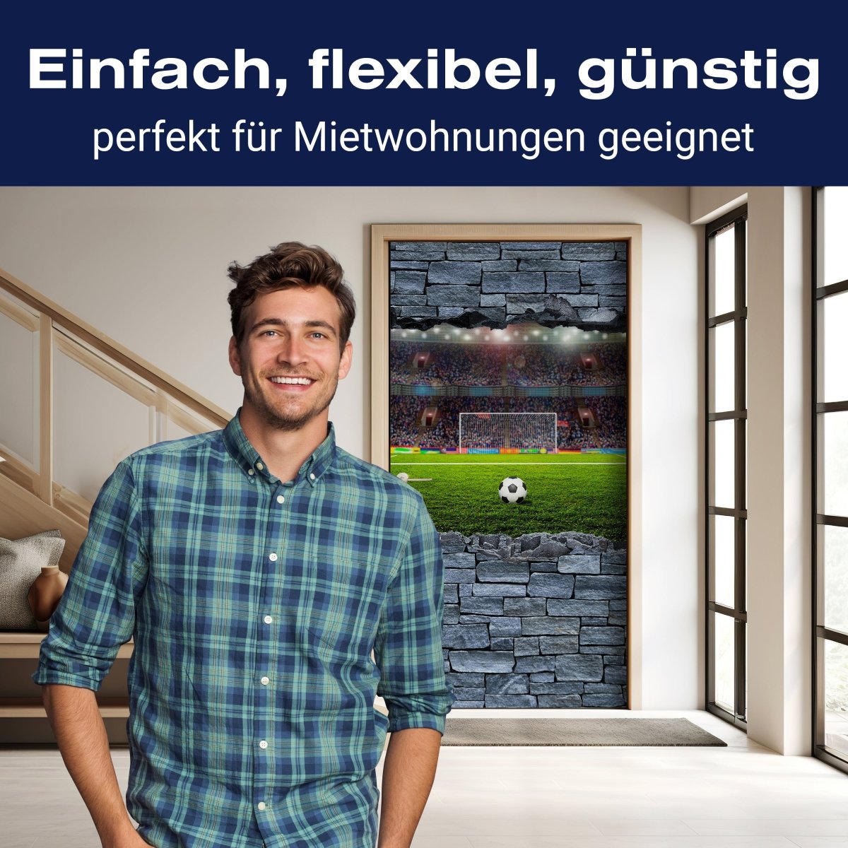 Türtapete 3D Fußballfeld - grobe Steinmauer M0640 - Bild 3