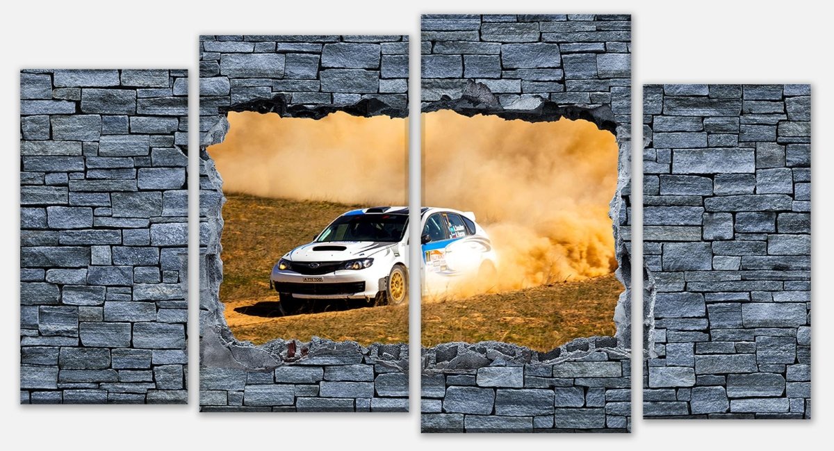 Leinwandbild Mehrteiler 3D Rallye Auto - grobe Steinmauer M0641 Leinwandbild Mehrteiler 3D Rallye Auto - grobe Steinmauer M0641