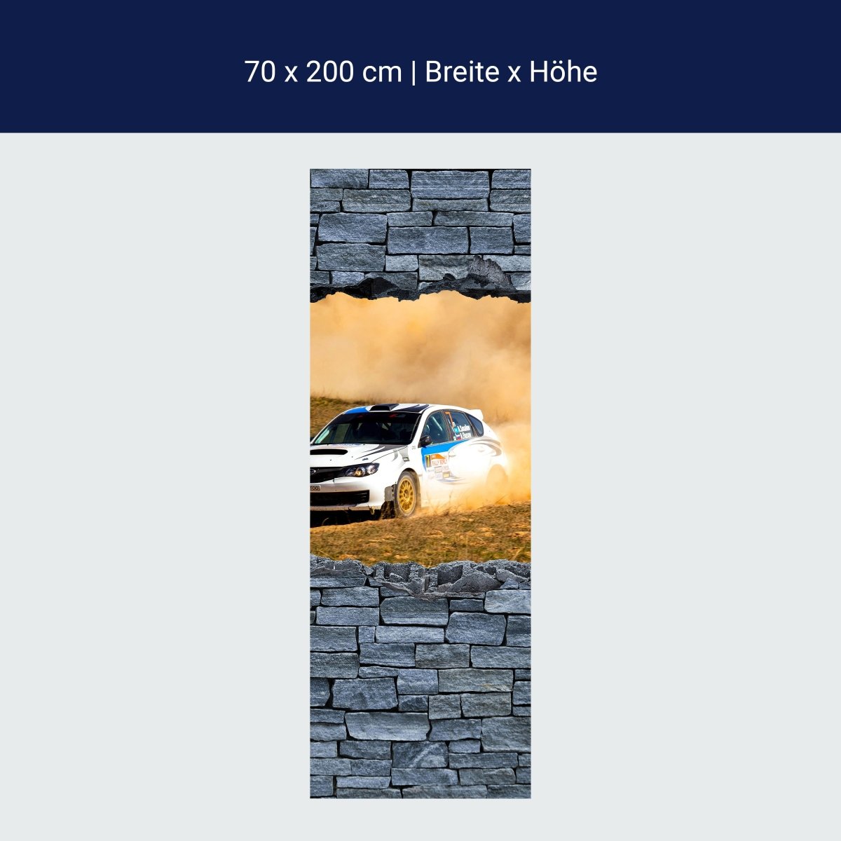 Türtapete 3D Rallye Auto - grobe Steinmauer M0641