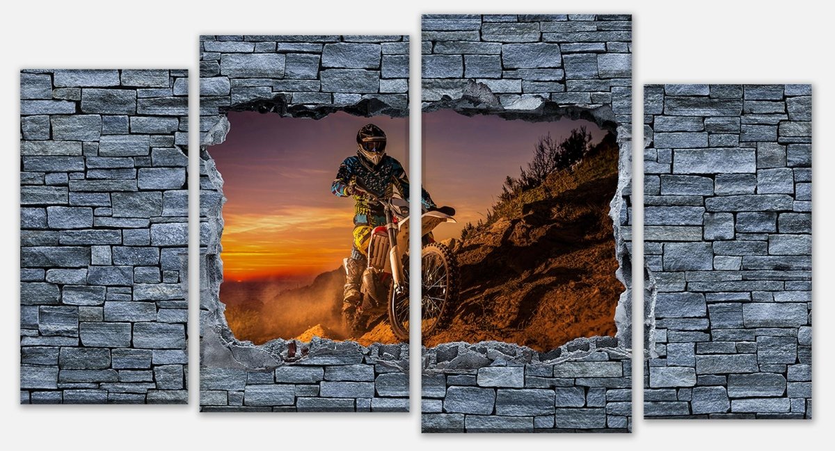 Leinwandbild Mehrteiler 3D Extreme Biker- grobe Steinmauer M0642 Leinwandbild Mehrteiler 3D Extreme Biker- grobe Steinmauer M0642