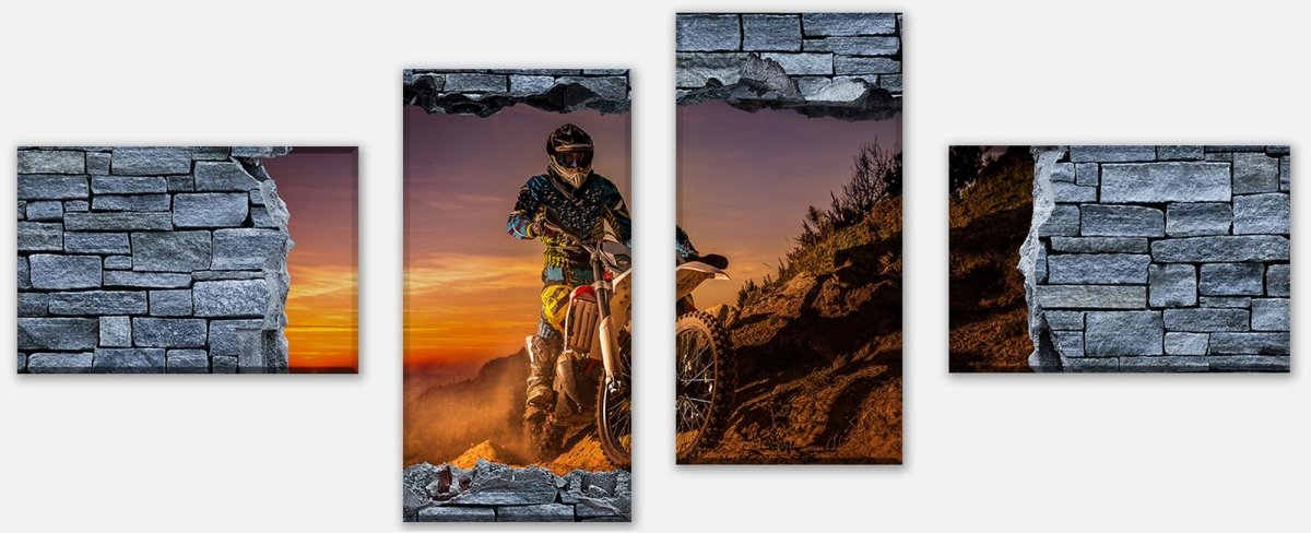 Leinwandbild Mehrteiler 3D Extreme Biker- grobe Steinmauer M0642 Leinwandbild Mehrteiler 3D Extreme Biker- grobe Steinmauer M0642