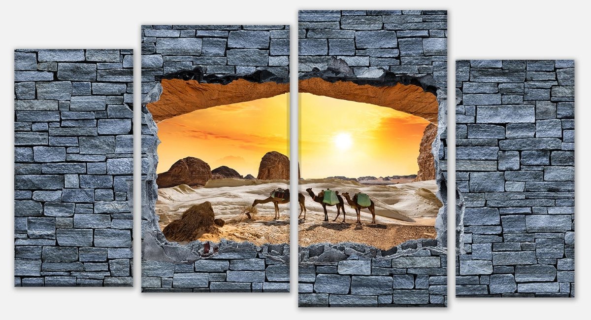 Leinwandbild Mehrteiler 3D Kamele in der Wüste- grobe Steinmauer M0643 Leinwandbild Mehrteiler 3D Kamele in der Wüste- grobe Steinmauer M0643