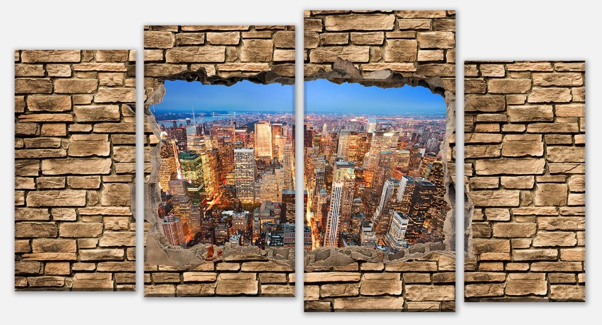 Leinwandbild Mehrteiler 3D Manhattan bei Nacht - Steinmauer M0646 Leinwandbild Mehrteiler 3D Manhattan bei Nacht - Steinmauer M0646