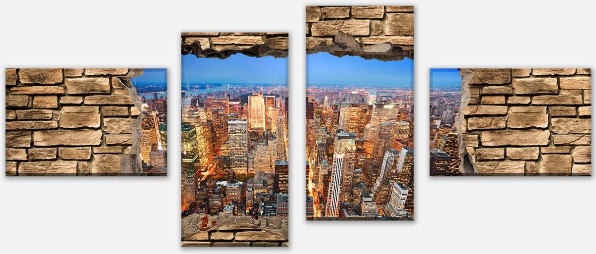 Leinwandbild Mehrteiler 3D Manhattan bei Nacht - Steinmauer M0646 Leinwandbild Mehrteiler 3D Manhattan bei Nacht - Steinmauer M0646