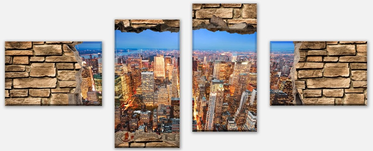 Leinwandbild Mehrteiler 3D Manhattan bei Nacht - Steinmauer M0646 Leinwandbild Mehrteiler 3D Manhattan bei Nacht - Steinmauer M0646