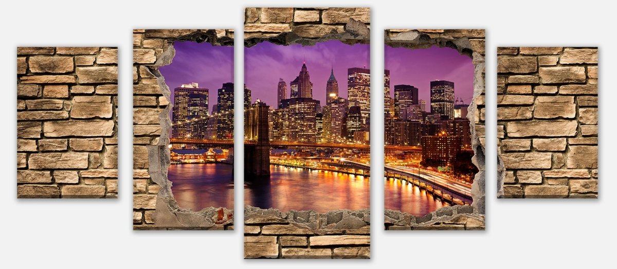Leinwandbild Mehrteiler 3D New York bei Nacht - Steinmauer M0648 entdecken - Bild 1