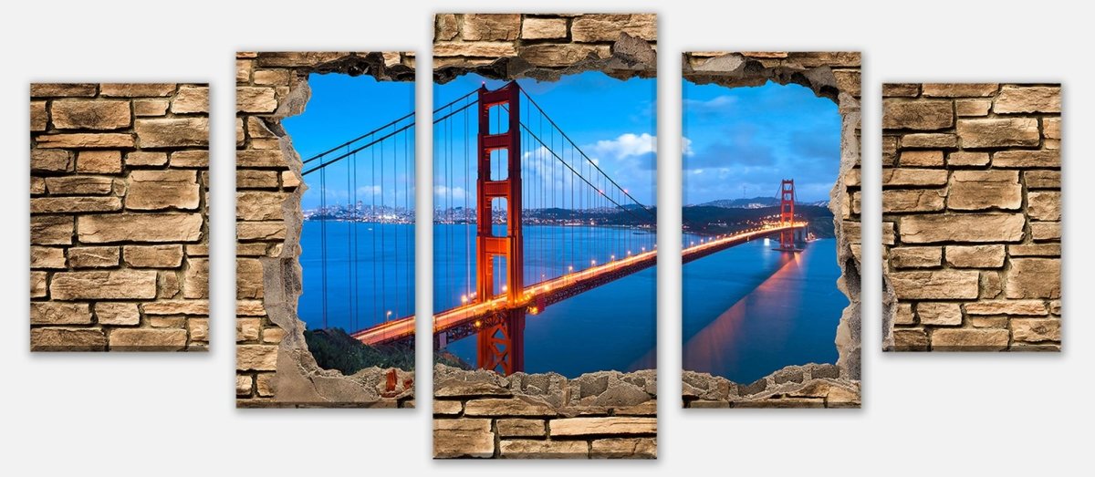 Leinwandbild Mehrteiler 3D Golden Gate Brigde in San Francisco - Steinmauer M0649 entdecken - Bild 1 Leinwandbild Mehrteiler 3D Golden Gate Brigde in San Francisco - Steinmauer M0649 entdecken - Bild 1