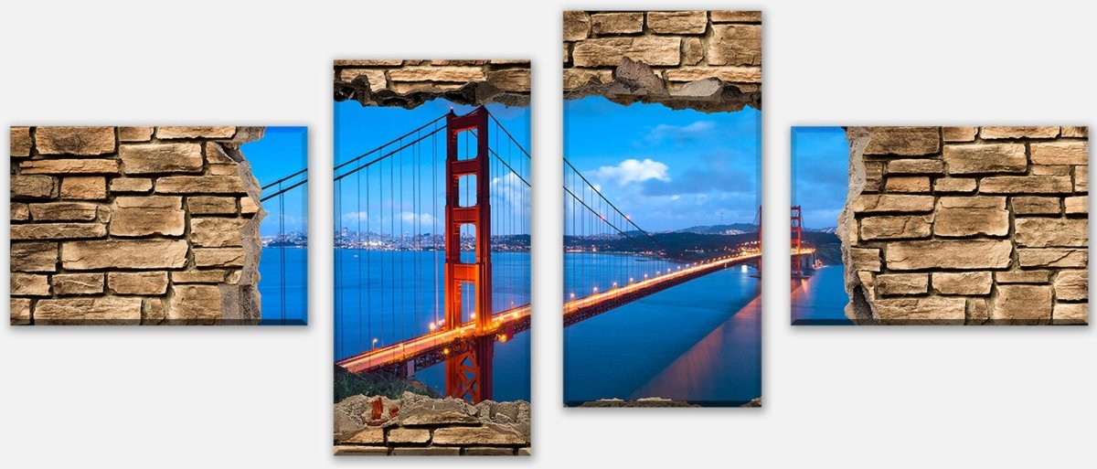 Leinwandbild Mehrteiler 3D Golden Gate Brigde in San Francisco - Steinmauer M0649 Leinwandbild Mehrteiler 3D Golden Gate Brigde in San Francisco - Steinmauer M0649