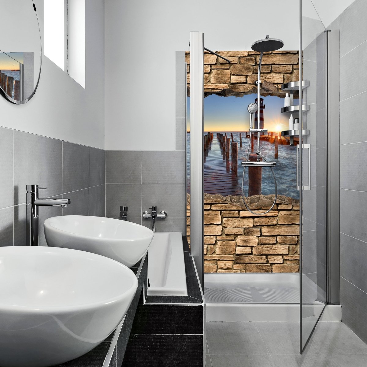 Duschwand 3D Leuchtturm mit Pier - Steinmauer M0651 entdecken - Bild 1 Duschwand 3D Leuchtturm mit Pier - Steinmauer M0651 entdecken - Bild 1