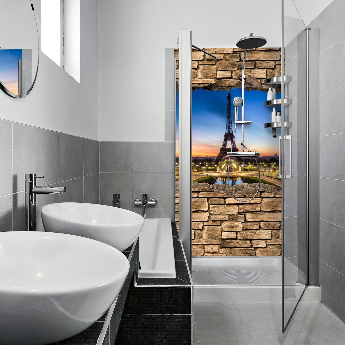 Duschwand 3D Eiffelturm bei Nacht Frankreich - Steinmauer M0652 entdecken - Bild 1 Duschwand 3D Eiffelturm bei Nacht Frankreich - Steinmauer M0652 entdecken - Bild 1