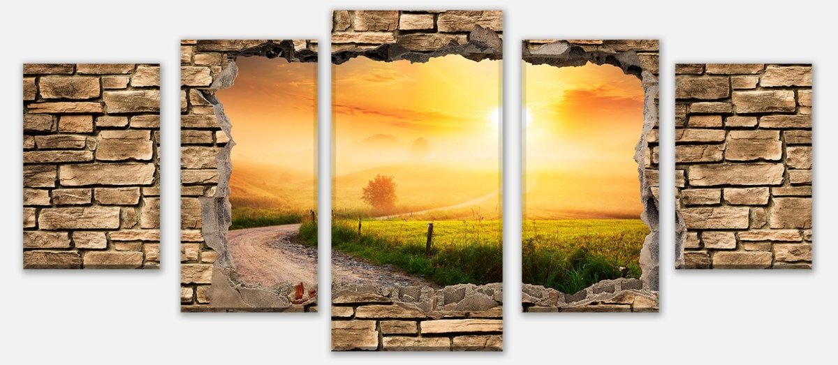 Leinwandbild Mehrteiler 3D Weg im Morgendunst - Steinmauer M0660 entdecken - Bild 1 Leinwandbild Mehrteiler 3D Weg im Morgendunst - Steinmauer M0660 entdecken - Bild 1