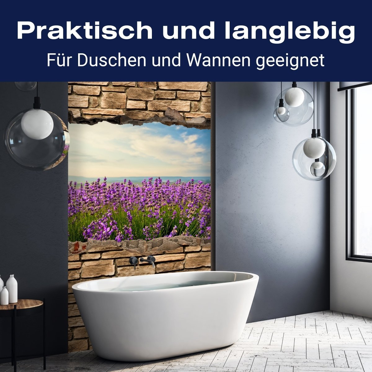 Duschwand 3D Lavendelfeld am Meer - Steinmauer M0663 entdecken - Bild 3 Duschwand 3D Lavendelfeld am Meer - Steinmauer M0663 entdecken - Bild 3