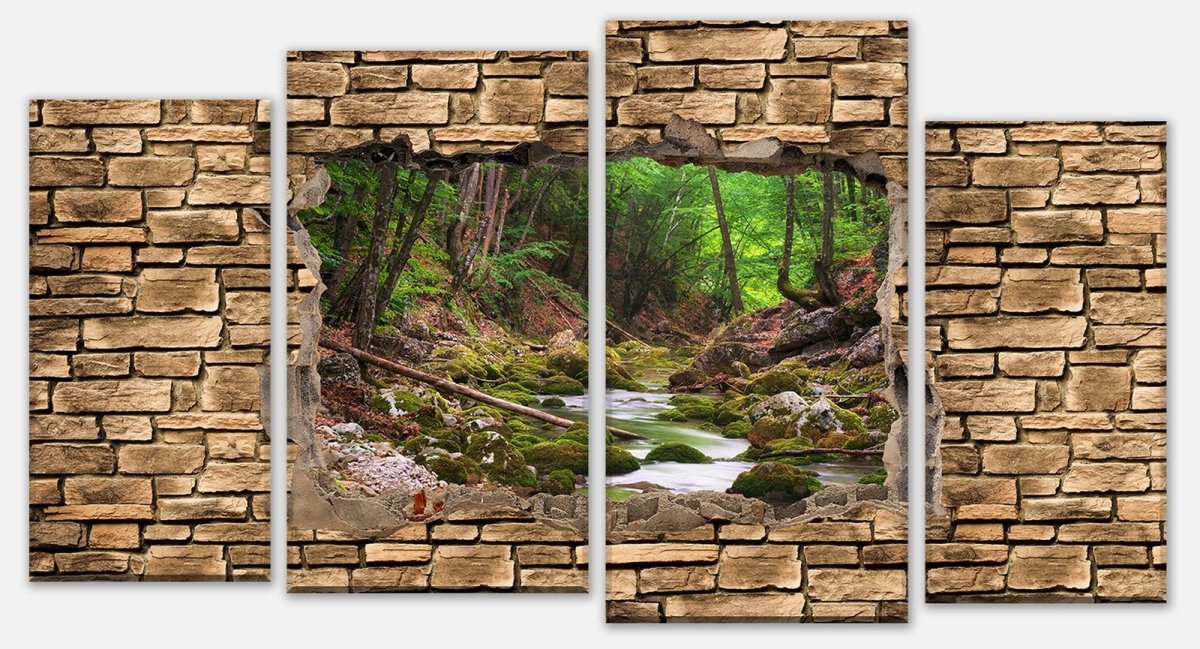 Leinwandbild Mehrteiler 3D Fluss im Wald - Steinmauer M0664 Leinwandbild Mehrteiler 3D Fluss im Wald - Steinmauer M0664