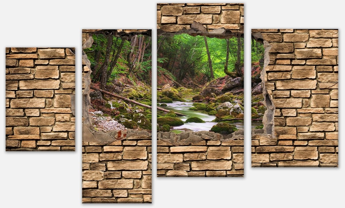 Leinwandbild Mehrteiler 3D Fluss im Wald - Steinmauer M0664 Leinwandbild Mehrteiler 3D Fluss im Wald - Steinmauer M0664