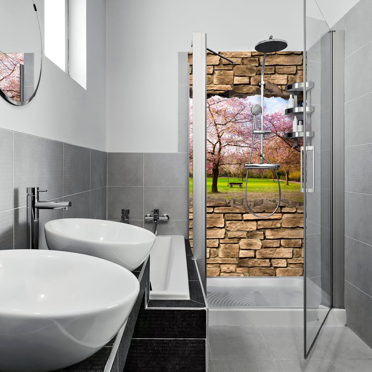 Duschwand 3D Sakura Blumen blühen - Steinmauer M0667 entdecken - Bild 1 Duschwand 3D Sakura Blumen blühen - Steinmauer M0667 entdecken - Bild 1