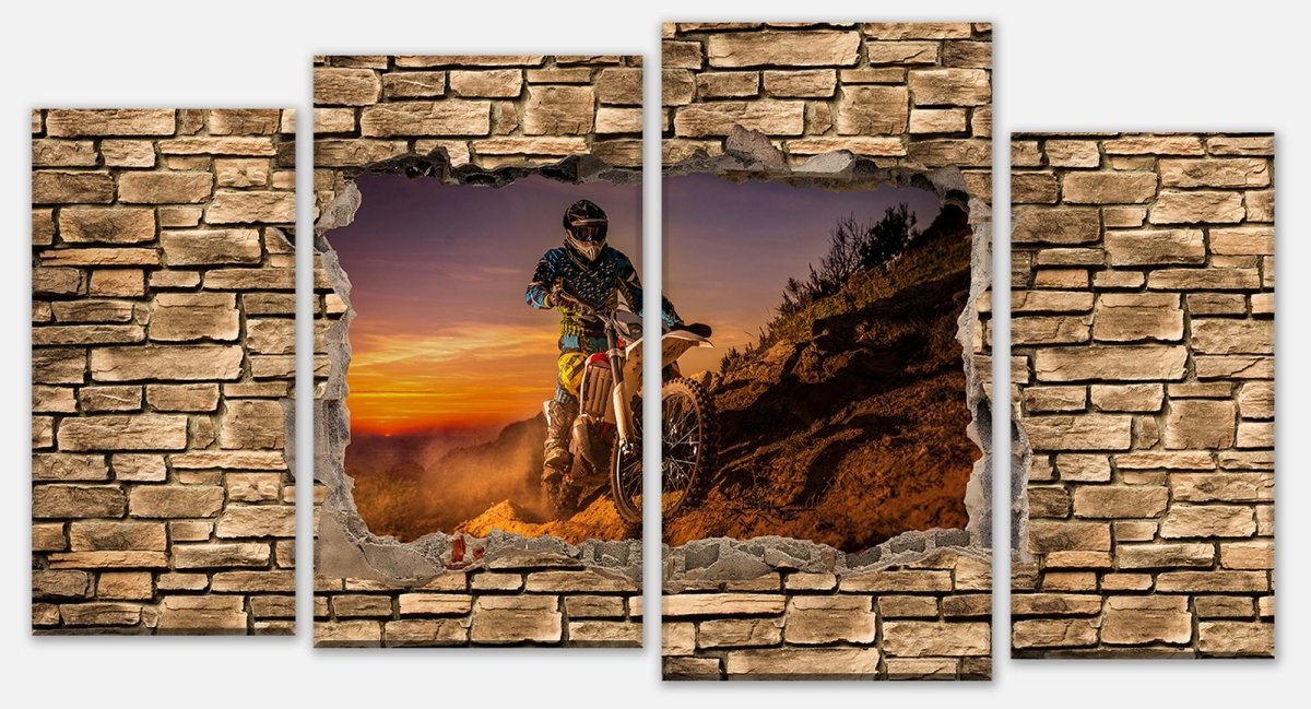 Leinwandbild Mehrteiler 3D Extreme Biker- Steinmauer M0668 Leinwandbild Mehrteiler 3D Extreme Biker- Steinmauer M0668