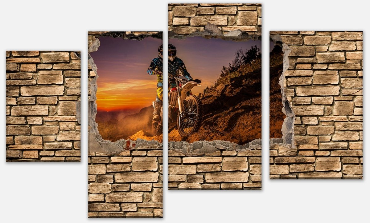 Leinwandbild Mehrteiler 3D Extreme Biker- Steinmauer M0668 Leinwandbild Mehrteiler 3D Extreme Biker- Steinmauer M0668
