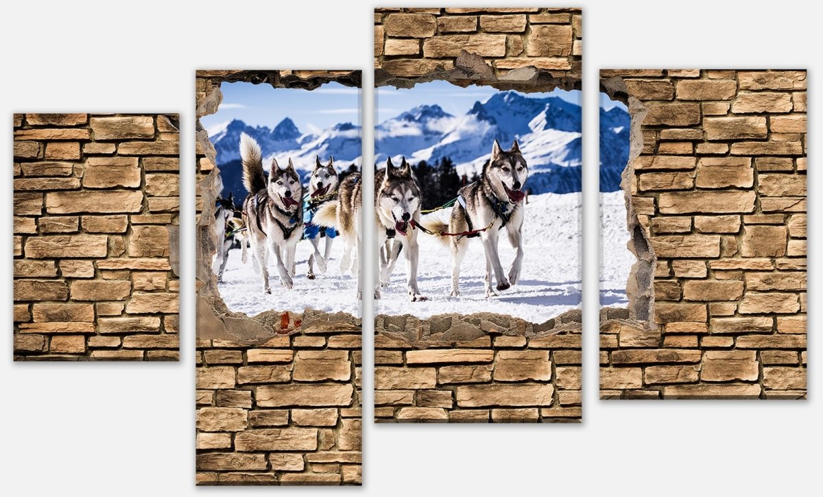Leinwandbild Mehrteiler 3D Schlittenhunde Racing - Steinmauer M0671 Leinwandbild Mehrteiler 3D Schlittenhunde Racing - Steinmauer M0671