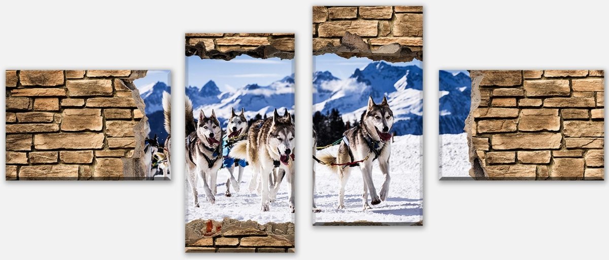 Leinwandbild Mehrteiler 3D Schlittenhunde Racing - Steinmauer M0671 Leinwandbild Mehrteiler 3D Schlittenhunde Racing - Steinmauer M0671